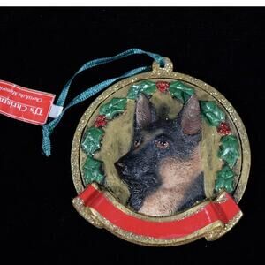 T J Christmas German Shepherd Dog Ornament 3-D Head Green Ribbon Resin 3" Dia.